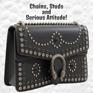 Dark Grey Studded Handbag – Heavy Chains, Horseshoe Clasp, Statement Piece!
